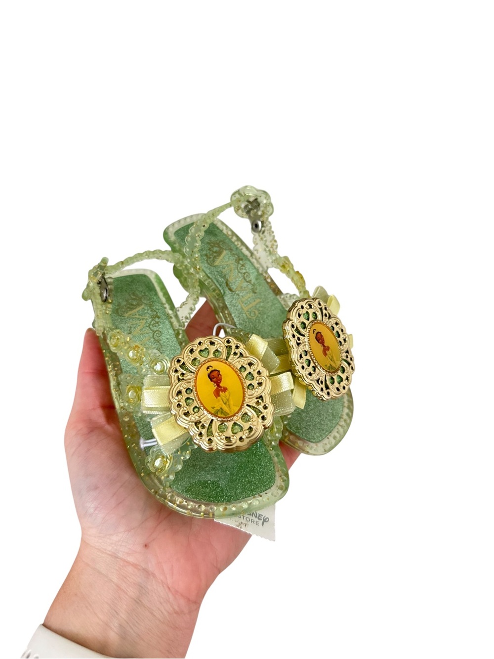 Disney Store Tiana Green Glitter Jelly Sandals Heels with Gold Medallions Dress